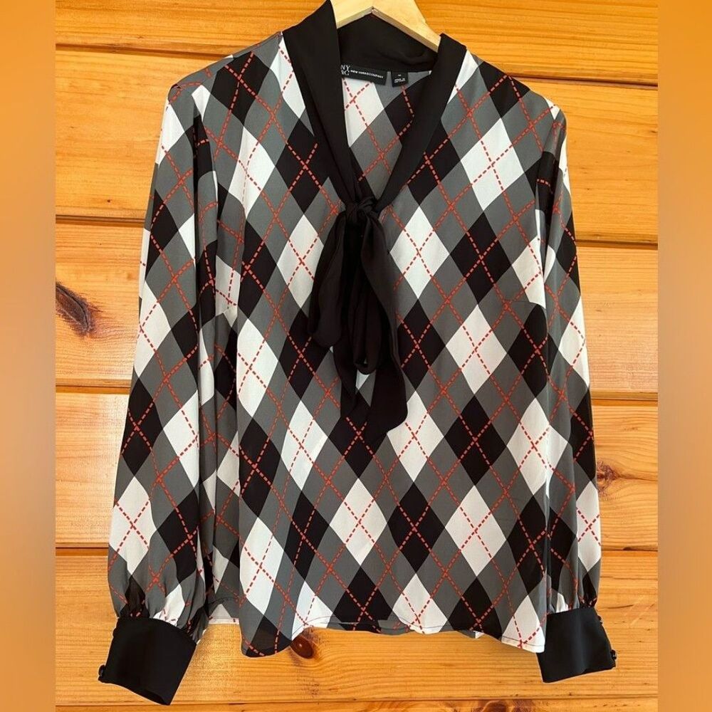 NY&C New York & Company Plaid Diamond Multicolor V Neck Tie Long Sleeve Blouse M